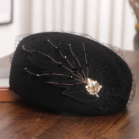Basco In Lana Da Donna Stile Francese Cappello Pillbox Con Veletta In Rete Decoro Foglie Strass Vintage Elegante