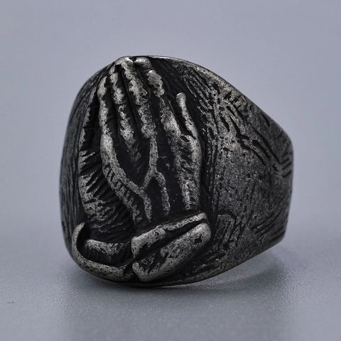 Praying Hands Ring Stainless Steel Vintage Punk Religious Jewelry For Men Women Retro Silver Color