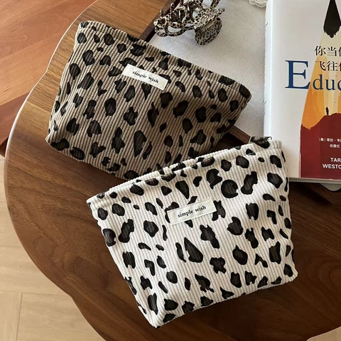 Trousse De Maquillage Vintage Imprimé Léopard En Velours Côtelé Petit Sac Doublure En Toile Fermeture Éclair Pour Femme