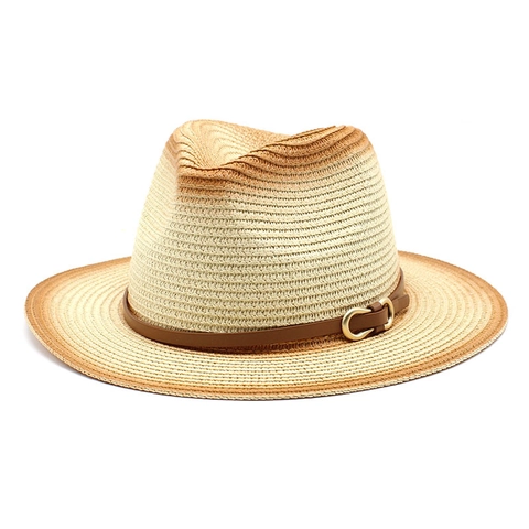 Gradient Straw Fedora Hat Woven Sun Protection Summer Beach Jazz Panama Hat With Leather Band And Metal Buckle Unisex