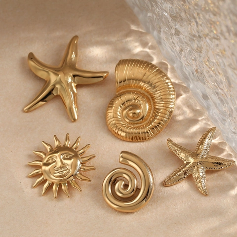 Stainless Steel Ocean Brooch Pin Starfish Conch Sun Face Spiral PVD Gold Plated Waterproof Hypoallergenic Fashion Women