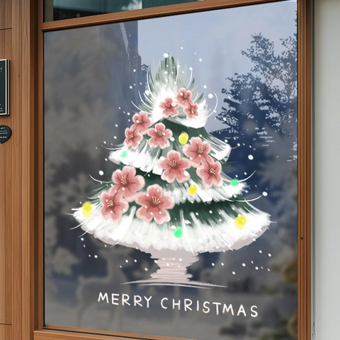 Christmas Window Clings Pink Flower Xmas Tree Static Cling PVC Sticker For Glass Door Shop Decor Winter Decoration