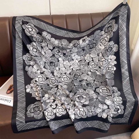Elegante Pañuelo Cuadrado Para Mujer Estampado Flores Camelia Sarga Poliéster Tacto Satén Chal Grande Foulard De Moda