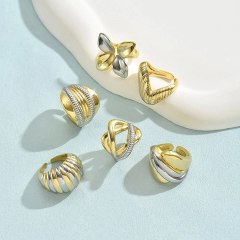 Anelli Aperti Regolabili Bicolore Oro E Argento Placcato Rame Geometrico Fiore Torsade Croissant Gioielli Donne