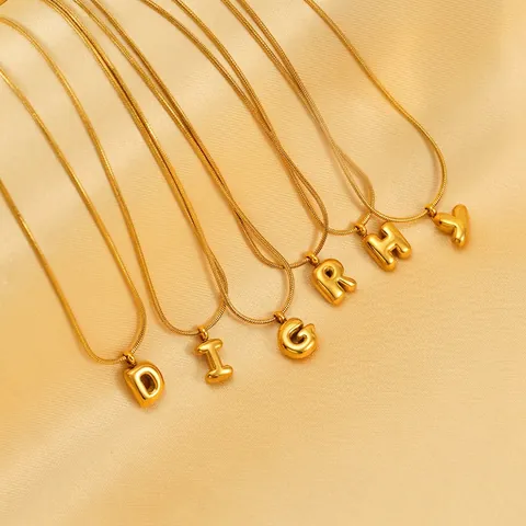 Bubble Alphabet Pendant Necklace Gold Plated Stainless Steel Snake Bone Chain Minimalist Chic Jewelry For Women