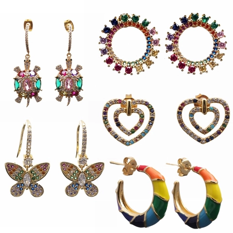 Koperen Oorbellen Kleurrijke Zirkoon Emaille Dier Vlinder Schildpad Hart Regenboog Ring Sieraden Dames