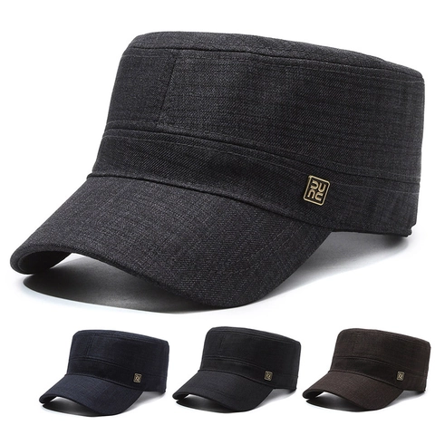 Men Cadet Cap Military Style Flat Top Hat Cotton Breathable Adjustable Sun Protection Outdoor Casual Solid Color