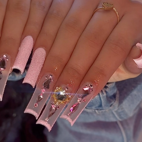 Unghie Finte Lunghe Bara Rosa Francese Cuore Strass Glitter ABS Acrilico Stile Y2K Decorazione San Valentino