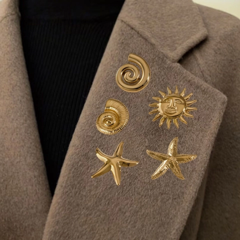 Stainless Steel Ocean Brooch Pin Starfish Conch Sun Face Spiral PVD Gold Plated Waterproof Hypoallergenic Fashion Women