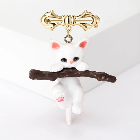 Cute White Cat On Tree Branch Brooch Pin Enamel Alloy Animal Bowknot Fashion Jewelry For Women Girls