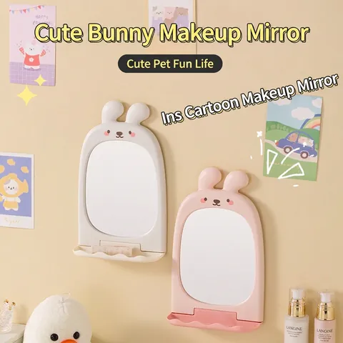 Miroir De Maquillage Mignon Oreille De Lapin Avec Plateau De Rangement Plastique PP Verre Mural Pliable Pour Filles