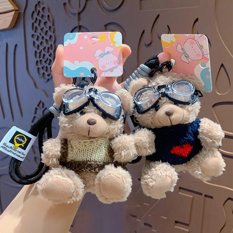 Porte-Clés Ours En Peluche Avec Pull Tricoté Lunettes D'Aviateur Pendentif De Sac Dessin Animé Cadeau Pour Couples Amis Nouveauté