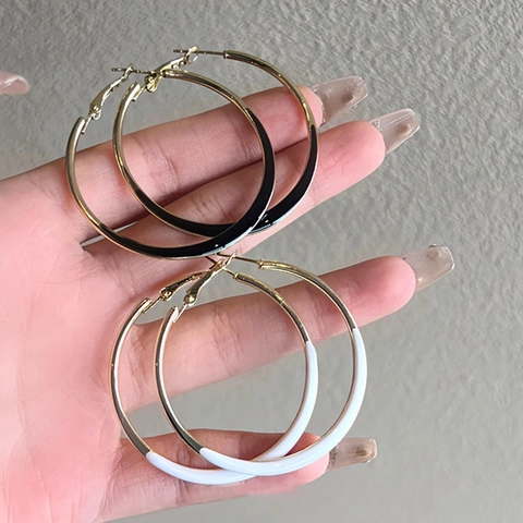 Alloy Emaille Creolen Kontrastfarbe Schwarz Weiß Zweifarbig Geometrisch Groß Minimalistisch Für Frauen