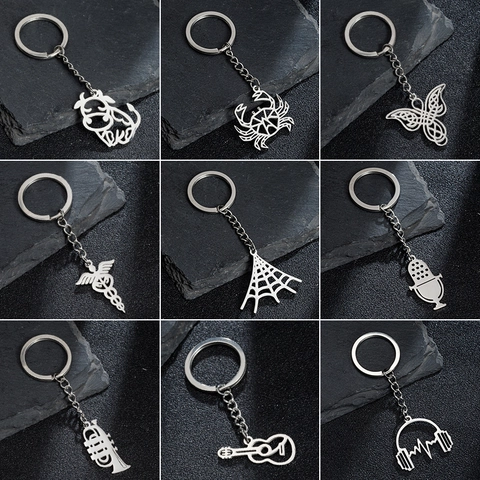 Llavero de Acero Inoxidable Minimalista Telaraña Micrófono Guitarra Latido del Corazón Trompeta Colgante Llavero de Metal de Moda