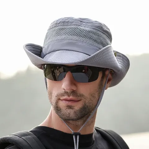 Men Outdoor Sun Bucket Hat Wide Brim Breathable Mesh Polyester For Fishing Hiking With Adjustable Windproof Rope