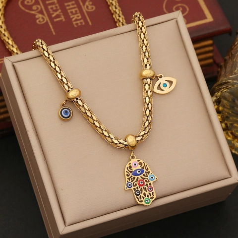 Collar Multicapa De Acero Inoxidable Con Colgantes Mano De Hamsa Y Ojo Turco Joyería Estrás Color Dorado