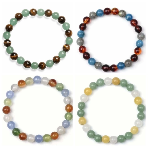 Natural Stone Beaded Bracelet Tiger Eye Amethyst Agate Quartz Elastic Stretch Healing Energy Unisex Jewelry Gift