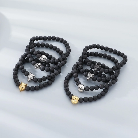 Lava Stone Beaded Bracelet With Animal Head Alloy Charm Vintage Punk Style Elastic Wristband For Men Unisex