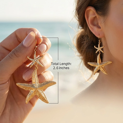 Starfish Drop Earrings 18K Gold Plated Stainless Steel With Rhinestone Summer Beach Vacation Jewelry For Women