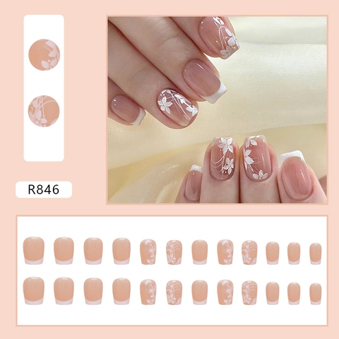 Unghie Finte Press On Con Fiori Bianchi Stile Francese Corte Quadrate Arrotondate Lucide Minimaliste Dolci