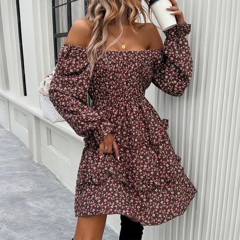 Women Floral Print Mini Dress Off Shoulder Smocked Bodice Long Sleeve Tiered Ruffle Elegant Boho Casual
