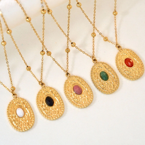 Collana Vintage in Acciaio Inossidabile Con Pendente in Pietra Naturale Stile Francese Texture Martellata Gioielli Donna