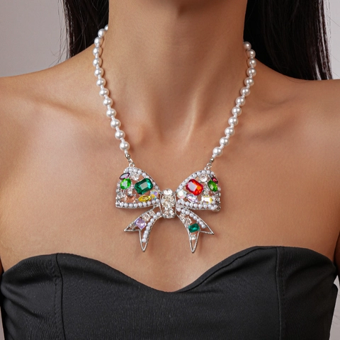 Collana Girocollo Di Künstliche Perle Sintetiche Con Ciondolo A Fiocco In Lega E Strass Multicolore Gioielli Di Lusso Vintage Per Donna