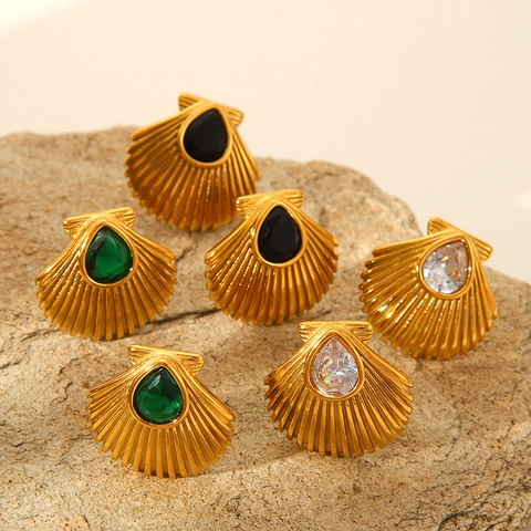 Schelp Oorknopjes Verguld Roestvrij Staal Met Waterdruppel Zirconia Dames Oceaan Stijl Waterdichte Sieraden