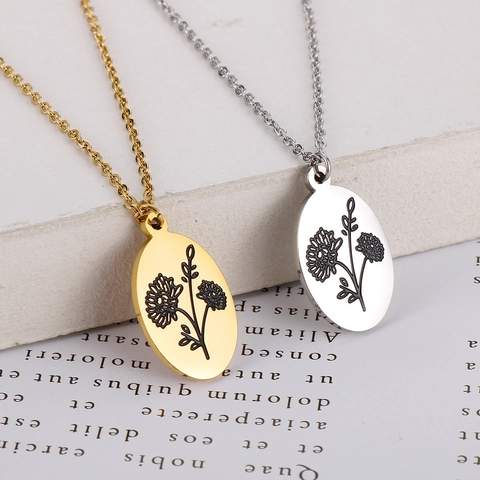 Geburtsblume Halskette Edelstahl Ovaler Anhänger Blumen Gravur Schmuck Damen Minimalistischer Stil Geschenk