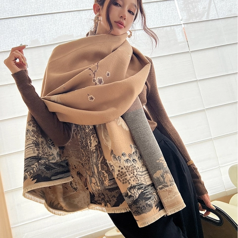 Écharpe Châle en Faux Cachemire Vintage pour Femmes Impression de Paysage Chinois Fleurs de Prunier Enveloppe d'Hiver Chaude Avec Glands