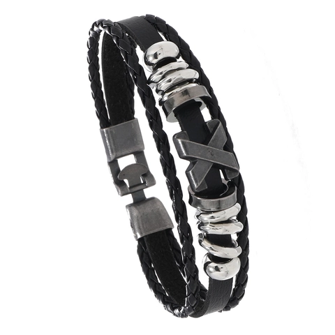 Mehrschichtiges Geflochtenes Lederarmband Mit Legierung X Anhänger Vintage Punk Ethno Armreif Für Männer