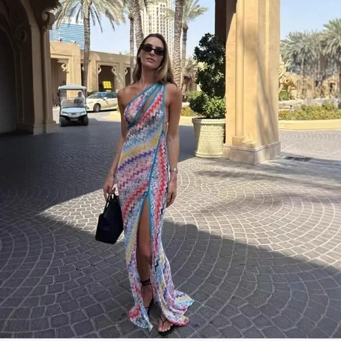 One Shoulder Maxi Dress Colorful Zigzag Print Knit Polyester Bodycon Backless High Slit Vacation Sexy Women Dress