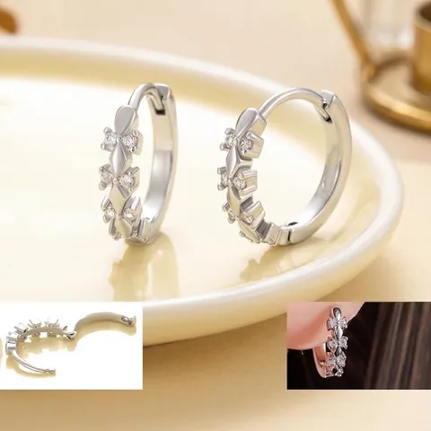 Boucles D Oreilles Créoles Huggie En Cuivre Avec Zircone Pour Femmes Couleur Argent Fleur Losange Élégant