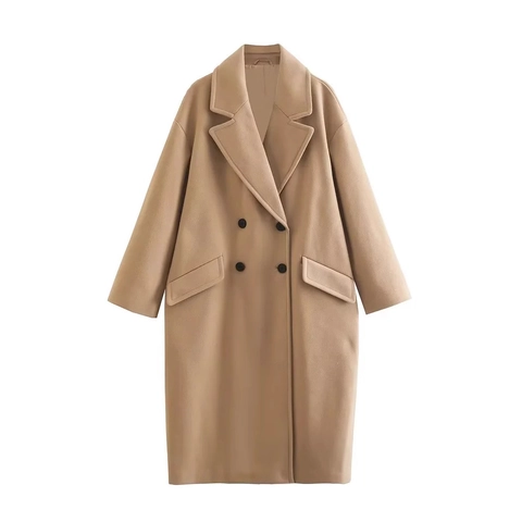 Dames Wollen Jas Double Breasted Lange Trenchcoat Reverskraag Losse Pasvorm Casual Elegant Effen Bovenkleding
