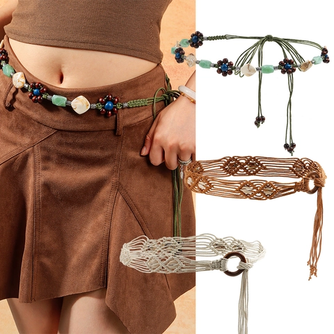Cinturón Tejido Bohemio Hecho A Mano Cuerda Algodón Cuentas Madera Concha Borla Para Vestido Estilo Étnico Cadena Cintura Ajustable Mujeres