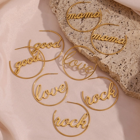 Hoop-Ohrringe 18K Vergoldet 316L Edelstahl Skript Buchstabe Mama Love Good Rock Rund Kreis Trendiger Schmuck Frauen