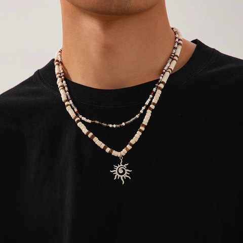 Men Layered Beaded Necklace Alloy Sun Pendant Coconut Shell Seed Beads Bohemian Style