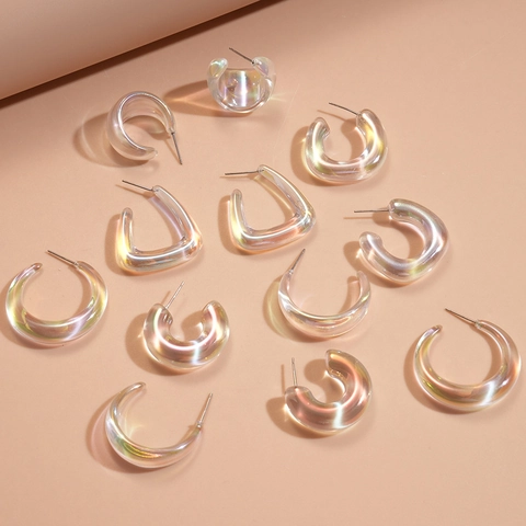 Pendientes De Botón De Acrílico Transparente Iridiscente En Forma De C Con 925 Sterling Silver Earring Post Moda Geométrica
