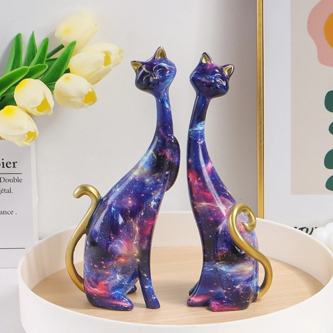 Abstract Cat Figurines Colorful Water Transfer Resin Statues Modern Art Home Decor Sculpture For Living Room Shelf Desk