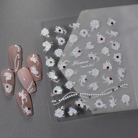 5D Embossed Nail Art Stickers White Camellia Butterfly Artificial Pearl Rhinestone 3D Self Adhesive Manicure Decals For Women