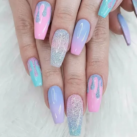 Uñas Postizas Press On Coffin Degradado Color Macaron Brillo Diseño Goteo Puntas De Manicura Profesional Largas