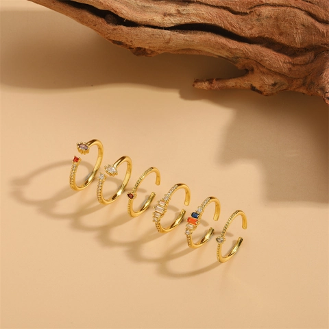 Adjustable Open Ring Copper Zircon Geometric Marquise Waterdrop Heart Shape Colorful Stones Gold Plated Fashion Jewelry