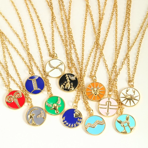 Zodiac Constellation Pendant Necklace Stainless Steel Copper Enamel Rhinestone Inlaid Gold Plated Fashion Jewelry For Women