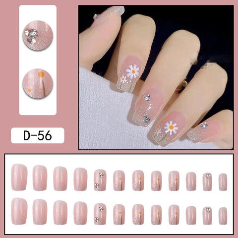 Pinker Farbverlauf Press On Nägel Mit Gänseblümchen Design Strass Glitzer Dekoration Falsche Nägel Für Frauen