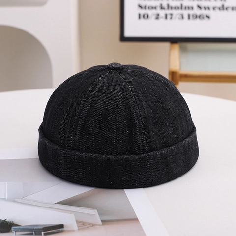 Retro Cotton Denim Brimless Docker Hat Adjustable Distressed Miki Hat Casual Streetwear Headwear