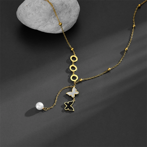 Collana Pendente Farfalla Acciaio Titanio Con Conchiglia Perla Artificiale Cerchi Intrecciati Gioielli Eleganti Placcati Oro