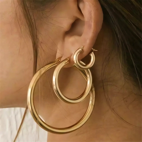 Hoop Earrings Stainless Steel 18K Gold Plated Thick Hollow Round Geometric Minimalism Elegant Jewelry For Women