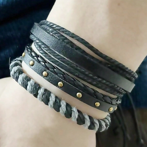 Bracciale Multistrato Pelle PU Perline Legno Corda Intrecciata Regolabile Retrò Etnico Uomo Accessorio