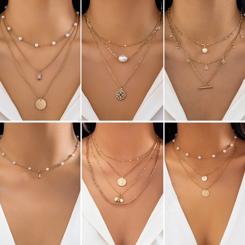 Mode Collier de Perles Artificielles à Plusieurs Couches pour Femmes Alliage Strass Étoile Lune Cœur Pendentif Rétro Or Argent Colliers Multicouches Bijoux