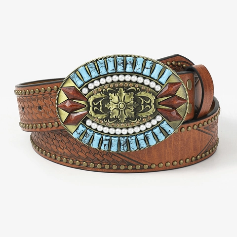 Western Cowboy PU Leather Belt For Women Men Vintage Embossed Pattern Turquoise Artificial Pearl Rhinestone Waist Belt